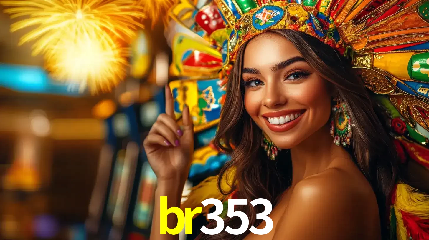 Mulher sorridente com um cocar de carnaval vibrante e colorido, celebrando uma grande vitória nos jogos do cassino br353 com fogos de artifício ao fundo.