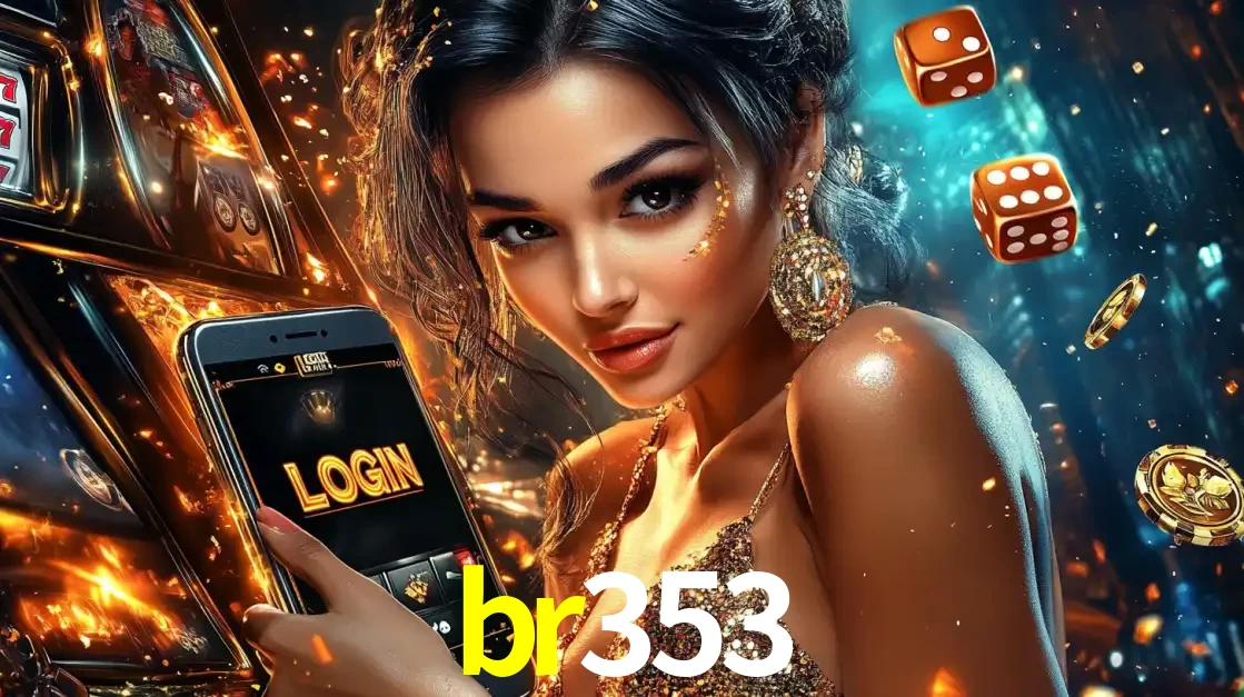 Mulher glamourosa segurando um celular com a tela de login do cassino br353, rodeada por dados e moedas douradas, pronta para começar a diversão.