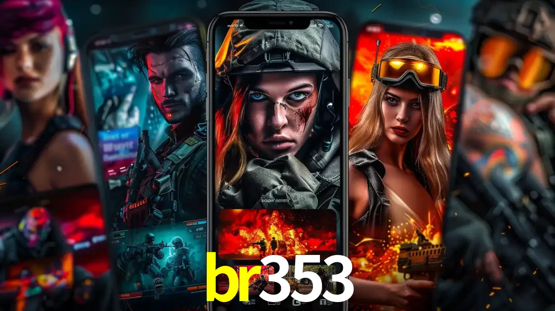 Montagem de telas de celular mostrando diversos personagens, masculinos e femininos, de um jogo de tiro, ilustrando a diversidade de equipes de e-sports para apostar no br353.
