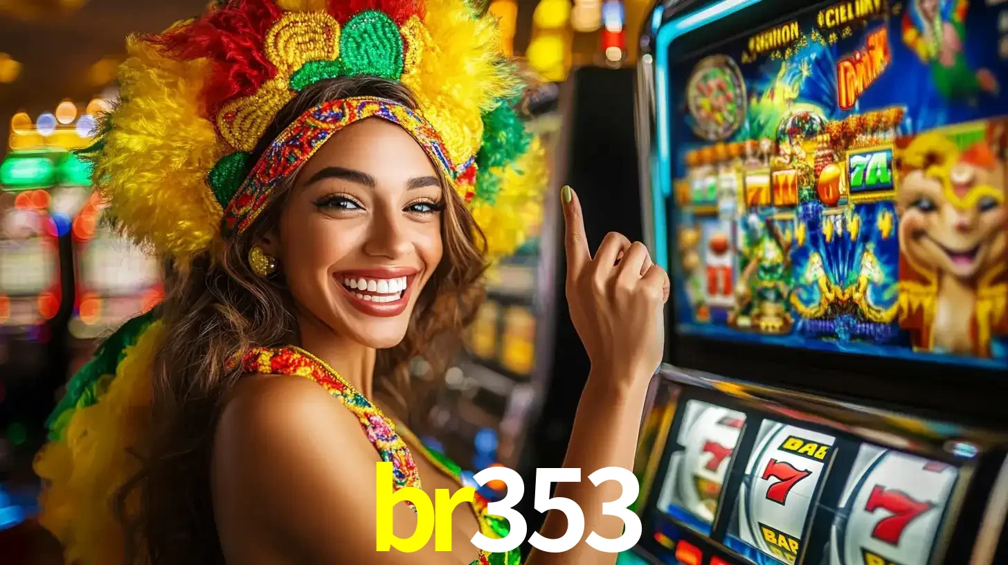 Mulher animada com um cocar de carnaval apontando para uma máquina de caça-níqueis, mostrando a emoção de ganhar um grande prêmio nos jogos do br353.