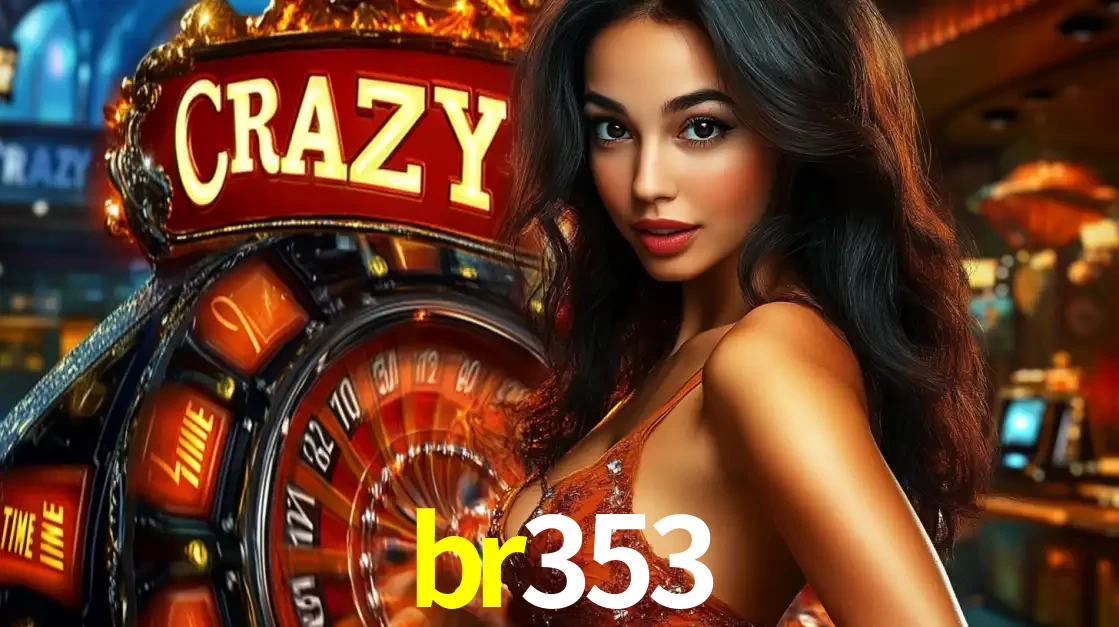 Mulher glamourosa olhando para a câmera com a roda vermelha do Crazy Time ao fundo em um ambiente de cassino, destacando a emoção dos jogos ao vivo no br353.