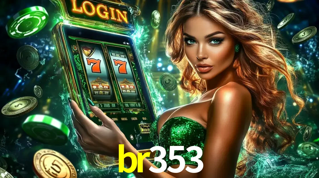 Mulher com tema verde apresentando o aplicativo do cassino br353 com um jogo de slot de 777, cercada por fichas de cassino e uma aura de sorte.