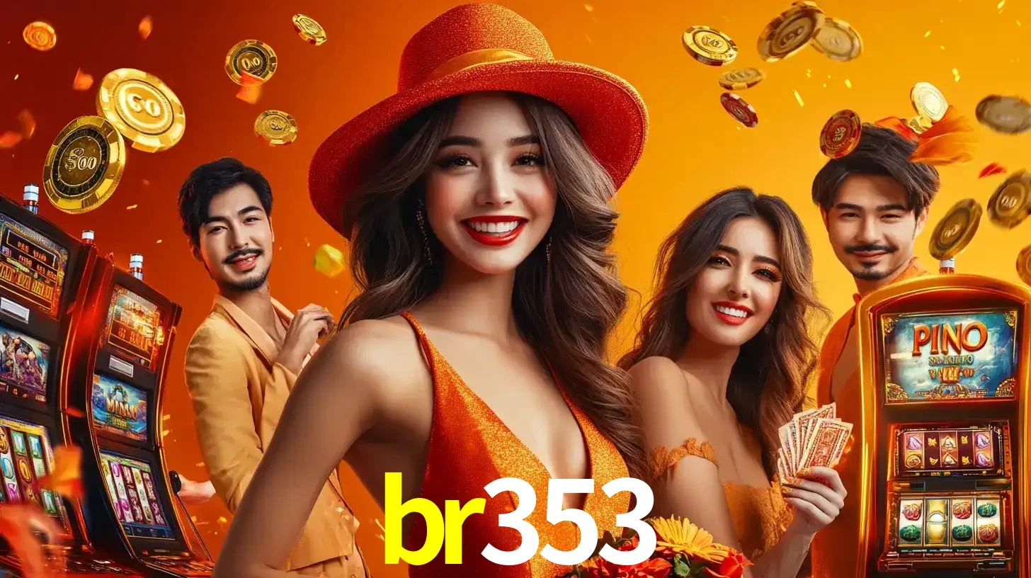 Grupo de amigos asiáticos sorrindo e se divertindo com máquinas de caça-níqueis em um ambiente festivo, celebrando suas vitórias nos jogos de cassino do br353.