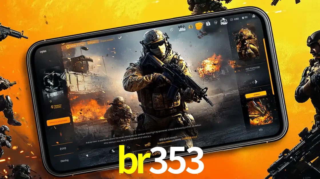 Um smartphone exibindo a interface de um jogo de tiro em primeira pessoa, com um soldado em um cenário de batalha, representando a ação dos e-sports para apostar no br353.