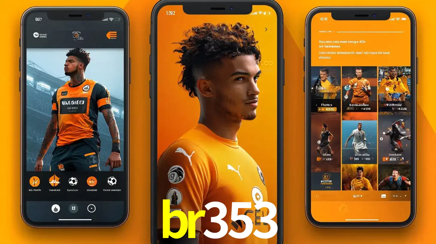 Interface do aplicativo de apostas esportivas br353 em três telas de celular, mostrando o perfil de um jogador de futebol e a lista de jogos disponíveis para apostar.