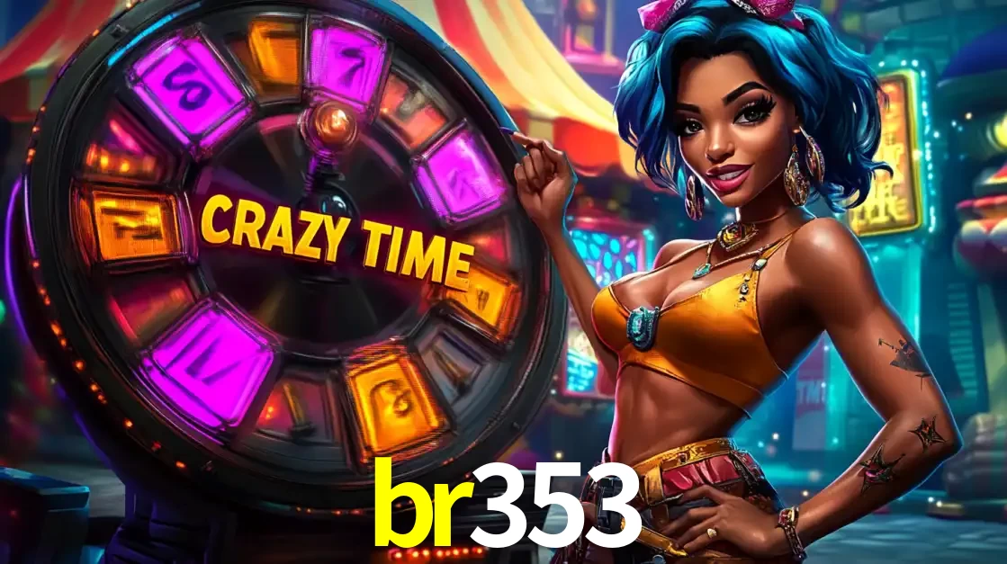 Mulher estilizada com cabelo azul e visual vibrante posando ao lado da roda de prêmios do game show Crazy Time, convidando para a diversão e os bônus do cassino br353.