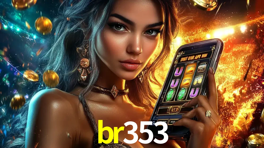 Mulher elegante mostrando um jogo de caça-níqueis em seu smartphone, destacando a experiência de cassino móvel oferecida pelo aplicativo br353.