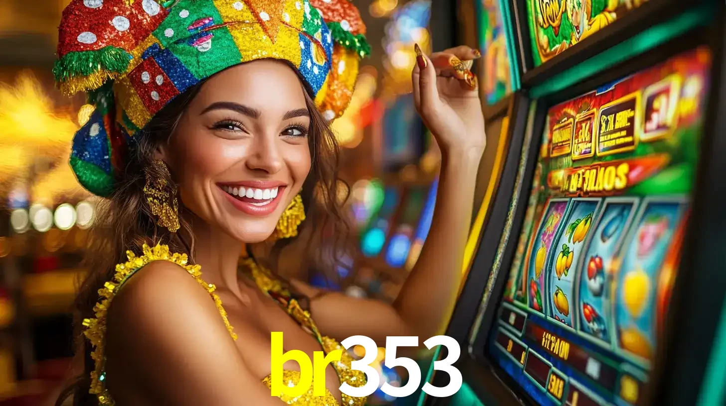 Mulher feliz com traje de carnaval amarelo e colorido ao lado de uma máquina de caça-níqueis, aproveitando a diversão e os jogos temáticos do cassino br353.