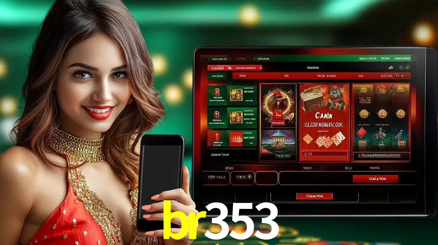 Mulher sorridente segurando um smartphone, ao lado de uma tela exibindo o lobby de jogos do cassino online br353, com várias opções de jogos de cartas e slots.